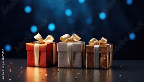 Elegant gift boxes adorned with shimmering golden bows stand out against a rich, blue and golden background.