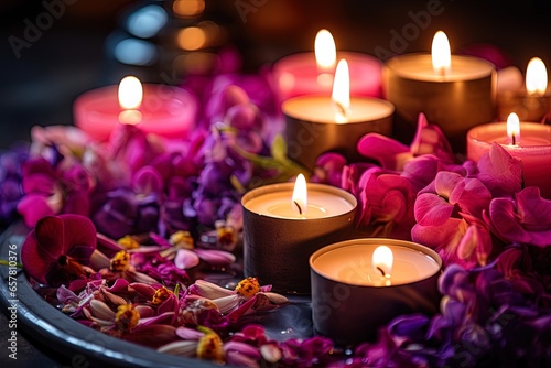 A set of candles and flowers in relaxing pink tones prepared for a spa. Concept  Transform your home into a spa with these accessories.