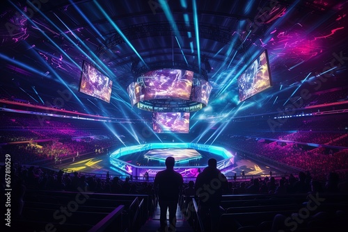 A spectacular e-sports event in an indoor stadium with a large crowd in the stands. Concept: The unstoppable growth of e-sports