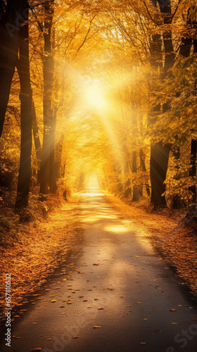 Autumn Forest Road with Yellow Leaves and Sunbeams