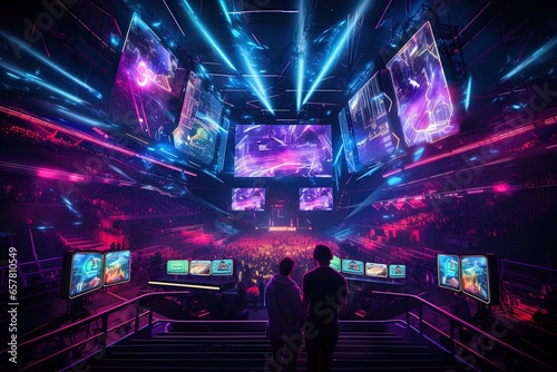 A spectacular e-sports event in an indoor stadium with a large crowd in the stands. Concept  The unstoppable growth of e-sports