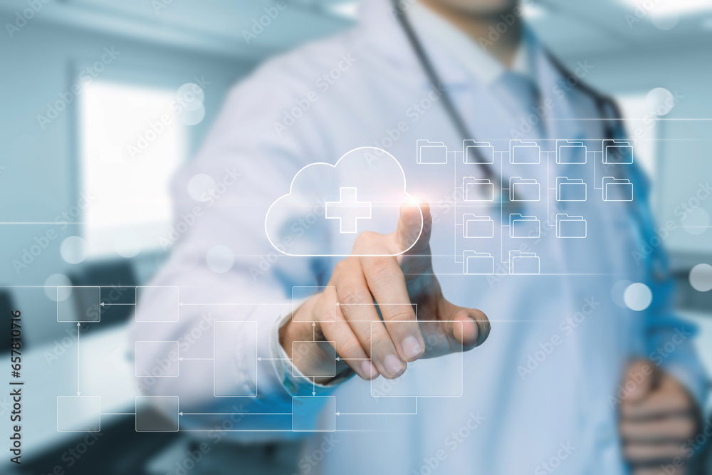 A doctor works with electronic medical documents . A doctor works with electronic medical documents .
