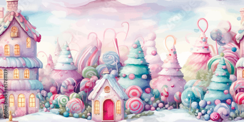 Christmas vector seamless pattern with gingerbread houses, cookies, snowflakes, pastel background. Winter holidays fairytale, candy fir trees, candy canes, festive, treats, new year, Christmas market