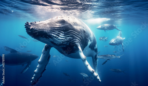 Humpback whale swimming under the ocean waves with fish photo