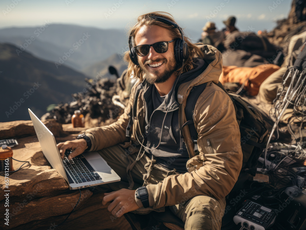 man using laptop on top of mountain