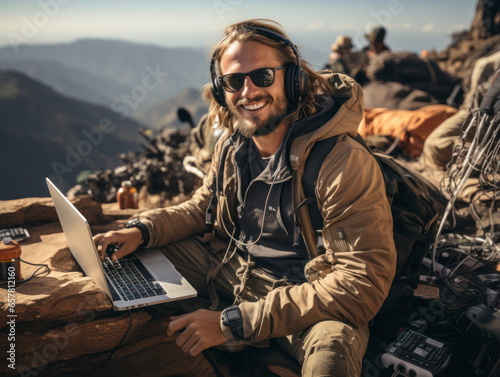 Obraz na płótnie man using laptop on top of mountain w salonie