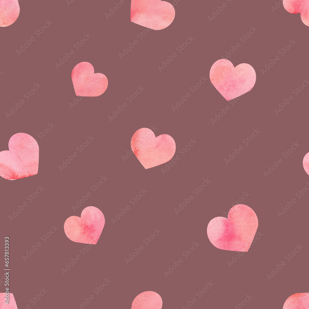 Watercolor Seamless Pattern With Red Hearts. Image for a poster or cover. Repeating texture. Figure for textiles. Ideal for Valentine's Day Wrapping Paper.