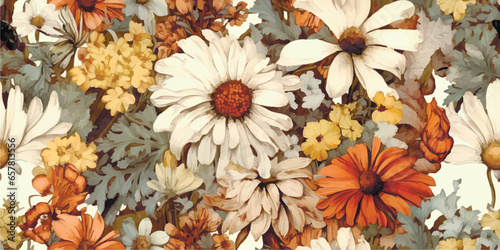 Vintage floral watercolor botanical Vector illustration of flowers, plants and leaves, for background, pattern or poster