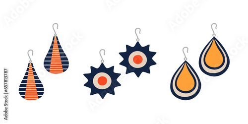 Female vintage earrings set. Boho style set, fashion design earrings. Isolated vector illustration 