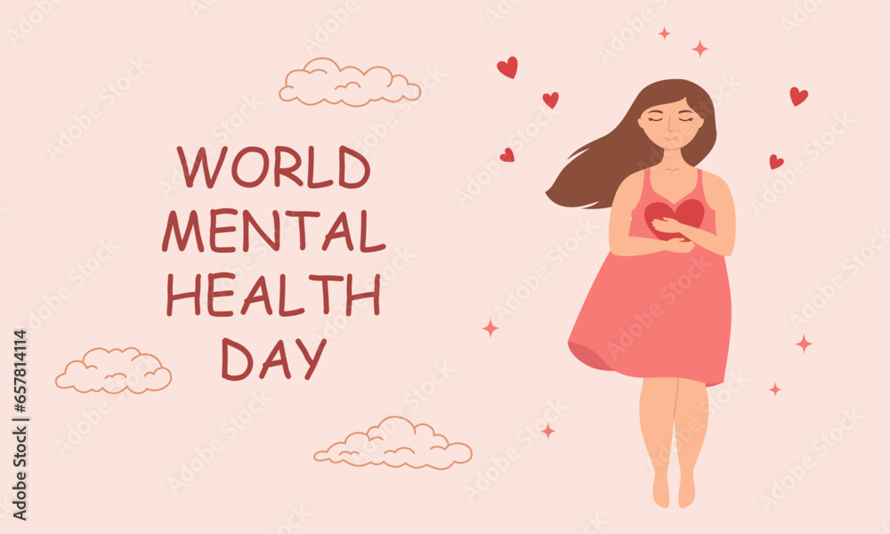 WebWorld Menta Health Day banner template. Young woman with closed eyes hugs herself. Vector illustration WebWorld Menta Health Day banner template. Young woman with closed eyes hugs herself. Vector illustration