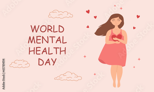 WebWorld Menta Health Day banner template. Young woman with closed eyes hugs herself. Vector illustration