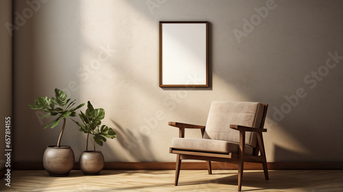Generative AI, Poster frame mockup in beige and brown living room interior, wabi sabi minimalism style