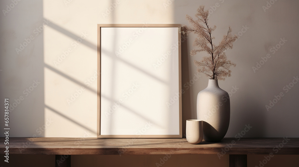 Generative AI, Poster frame mockup in beige and brown living room interior, wabi sabi minimalism style Generative AI, Poster frame mockup in beige and brown living room interior, wabi sabi minimalism style