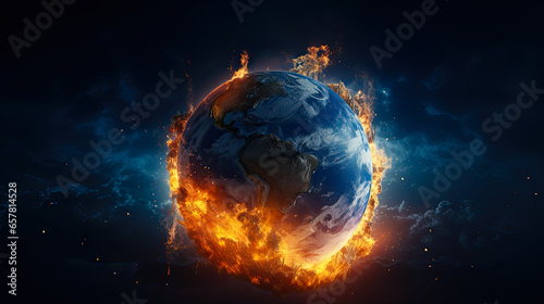 Earth planet burning in flames on dark background. Concept of the end of the world and global warming.