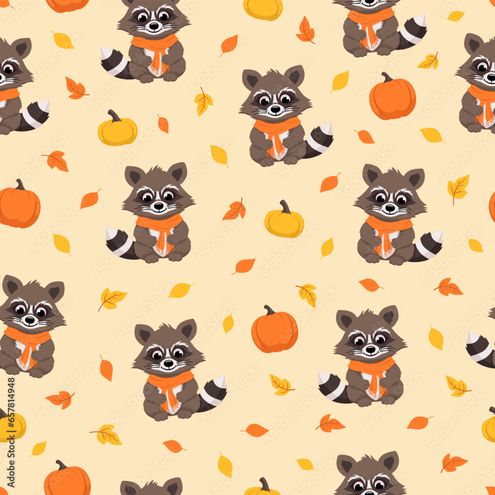 Fototapeta premium Seamless pattern with cute cartoon raccoon, pumpkins and leaves. Background for autumn design. Vector illustration