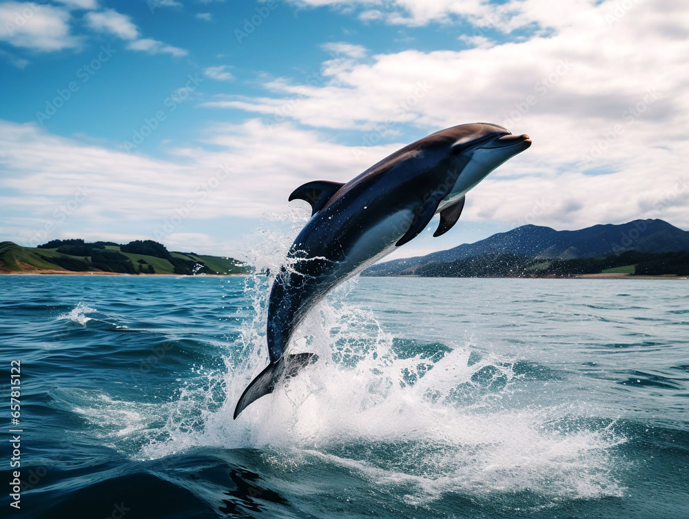 Fototapeta premium Single bottlenose dolphin jumping on the water - Beautiful seascape and blue sky
