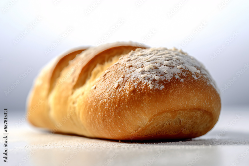 Freshly baked bread with sesame seeds on cutting board, closeup