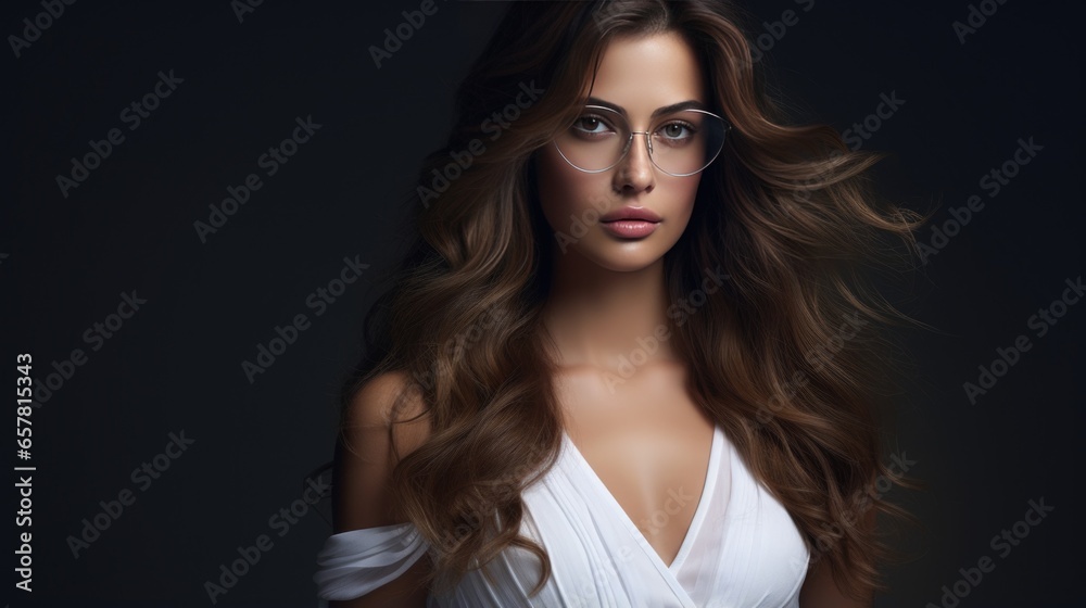 Studio portrait of a beautiful woman with a beautiful hairstyle wearing glasses, close-up on a dark background Studio portrait of a beautiful woman with a beautiful hairstyle wearing glasses, close-up on a dark background