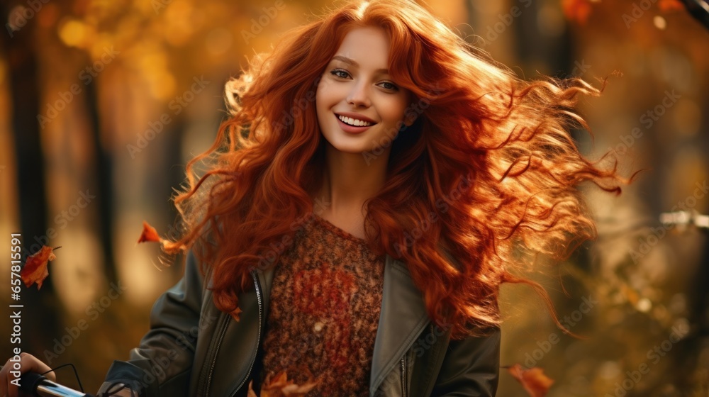 Portrait of a beautiful happy red-haired young woman on a bicycle in the autumn forest. Portrait of a beautiful happy red-haired young woman on a bicycle in the autumn forest.