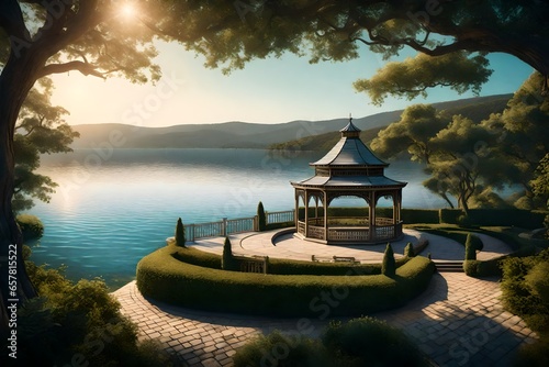 Create an AI-generated illustration of an elegant, vine-covered gazebo overlooking a scenic lake photo