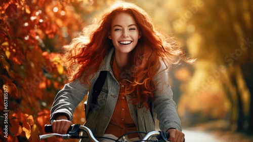Portrait of a beautiful happy red-haired young woman on a bicycle in the autumn forest.