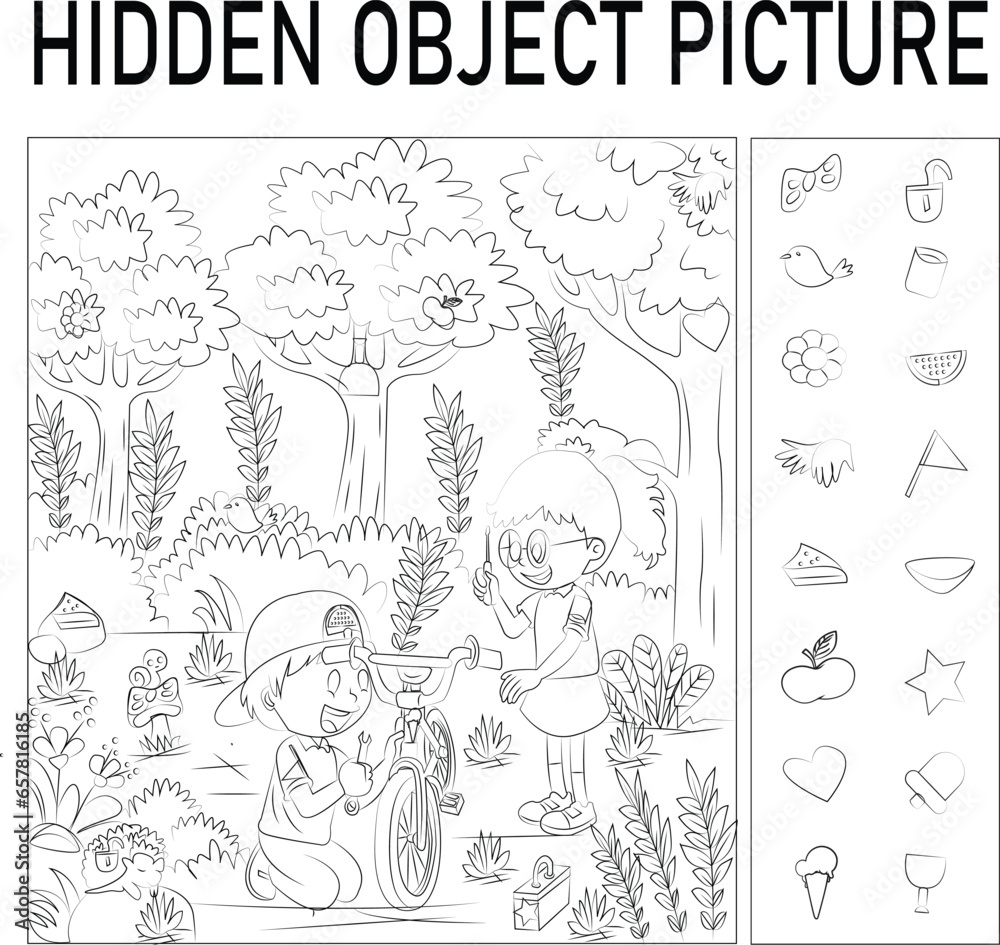 Hidden object picture in the garden black and white illustrations with background