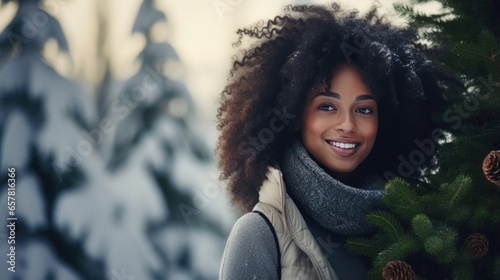 Portrait of a beautiful young African American woman in a winter forest. Personification of winter