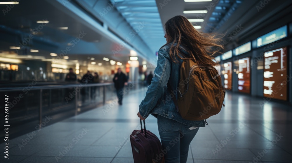 photo of a woman rushing to her flight - obrazy, fototapety, plakaty 