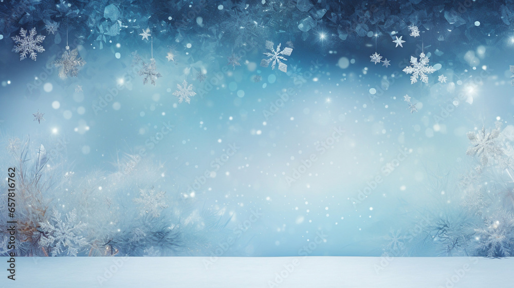 Original bright wide format background image with Christmas tree decorations, gifts and snowflakes. Background with atmosphere of celebration and magic. Background for Christmas postcard, invitation o Original bright wide format background image with Christmas tree decorations, gifts and snowflakes. Background with atmosphere of celebration and magic. Background for Christmas postcard, invitation o