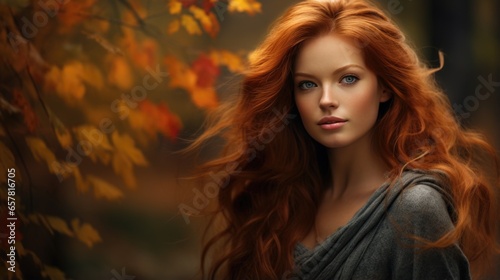 Portrait of a beautiful red-haired young woman in the autumn forest. Personification of autumn © koplesya