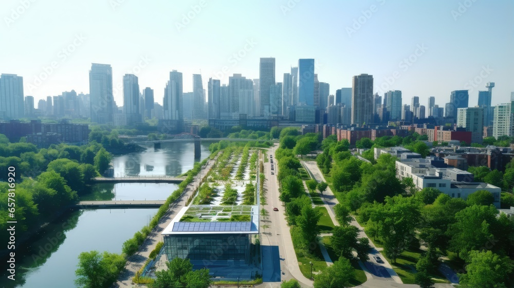 Image showcasing Aerial shot of a sustainable city with green rooftops, solar panels ...