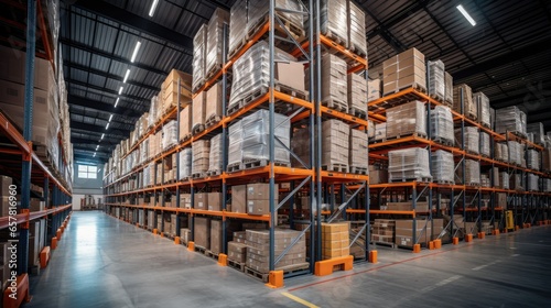 Well-organized warehouse with neatly stacked shelves, displaying a wide range of goods. Efficient logistics and inventory management ensure smooth distribution and economic efficiency