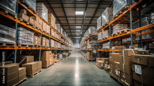 Efficiently organized warehouse with well-lit shelves displaying a wide range of products. Stocked and ready for distribution, optimizing logistics and supply chain management.