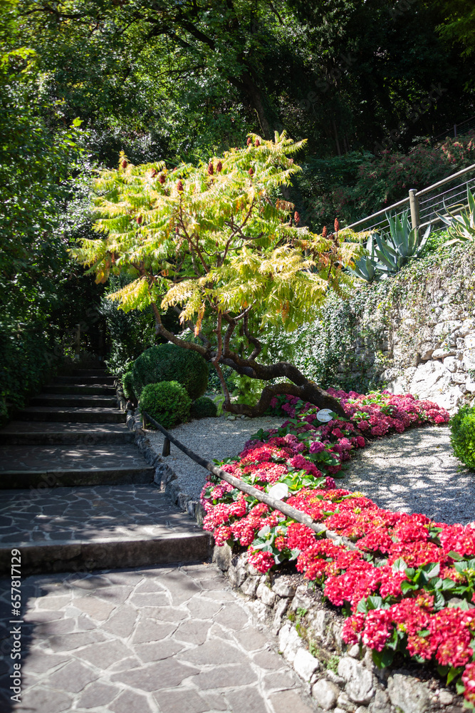 View from botanical garden of Varone waterfall, in Riva del Garda, Italy