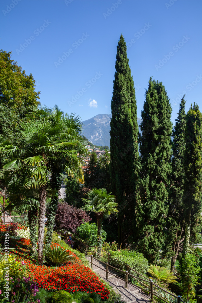 View from botanical garden of Varone waterfall, in Riva del Garda, Italy