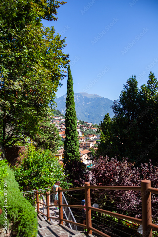 View from botanical garden of Varone waterfall, in Riva del Garda, Italy