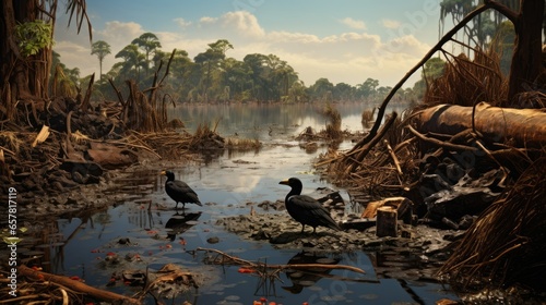 Fotografia Devastating oil spill in the Amazon river causing water pollution, harming fish, birds, plants, and entire ecosystem