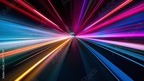 Abstract speed motion colorful light trails in tunnel