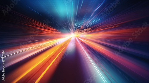 Motion light trail. Colorful tail of speed lights background. Fast internet optic fiber of data light line effect