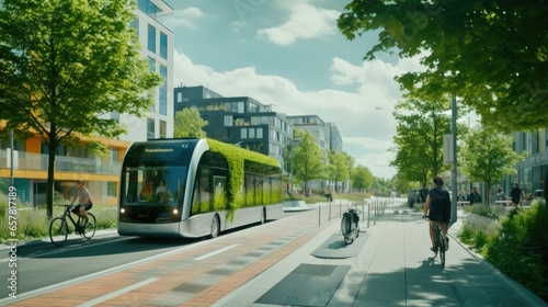 A sustainable city with eco-friendly transportation like pedestrians, cycling, and public transportation. Electric buses and bike-sharing stations. Medium shot, natural lighting and cloudy skies