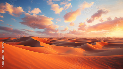 photograph of Beautiful sand dunes in the Sahara desert. wide angle lens sunset lighting