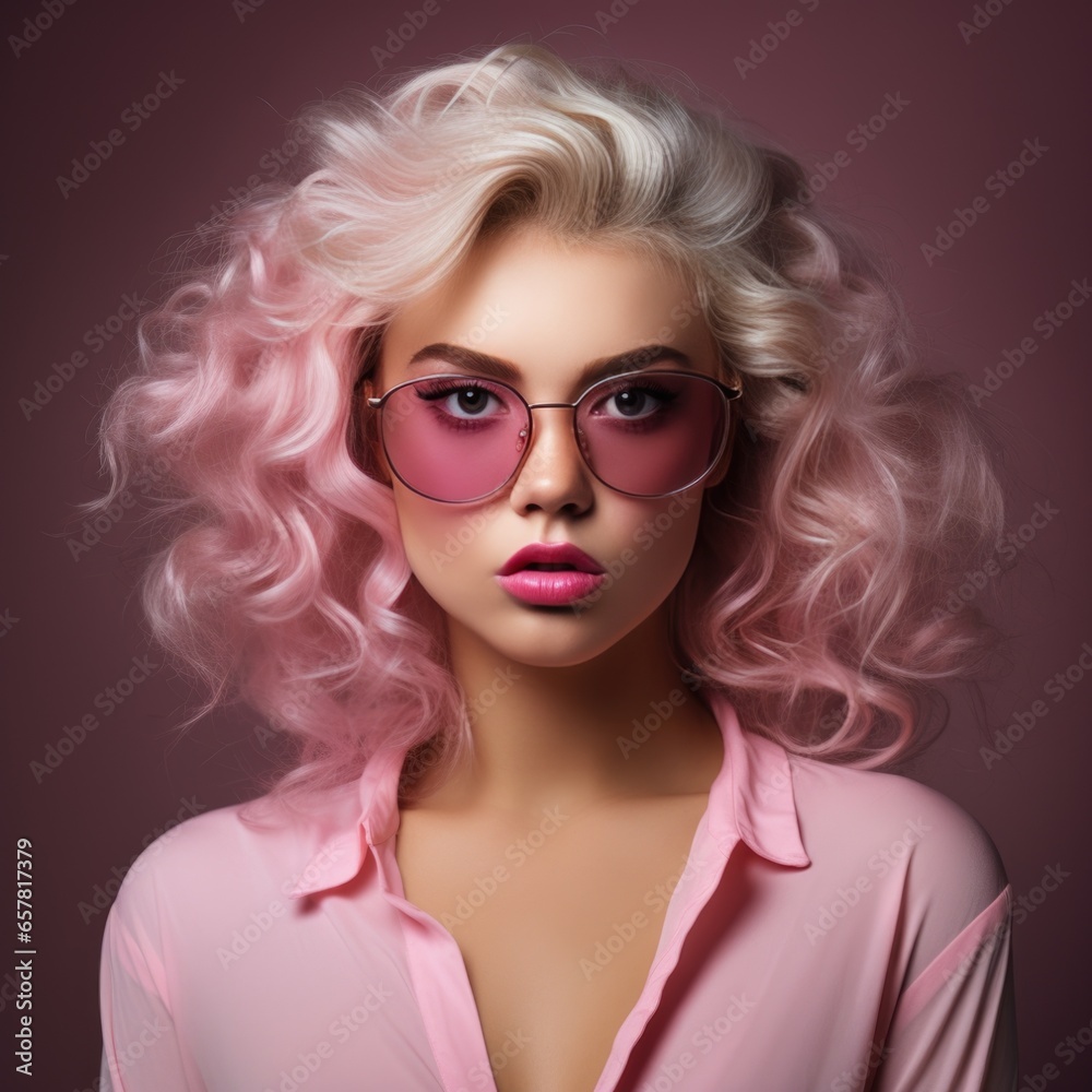 Studio portrait of a beautiful woman with a beautiful hairstyle wearing pink glasses, close-up on a dark background