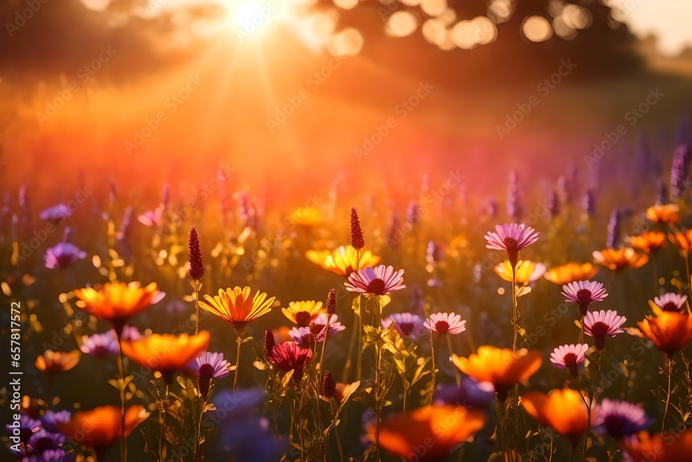 A photorealistic 3D rendering of an inspirational nature close-up of a sunset floral meadow field with beautiful bokeh blurred lush foliage.