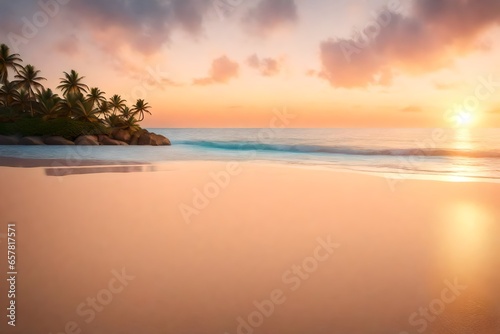 A photorealistic 3D rendering of a close-up sea sand beach with a beautiful beach landscape