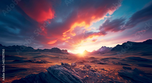 A blaze of violet  orange and red tones highlight this desert sunrise