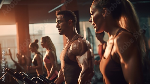 Group of people working out in a well-lit gym with large windows and overhead studio lights. Energetic mood, vibrant colors, and fitness equipment. They are focused, determined and motivated