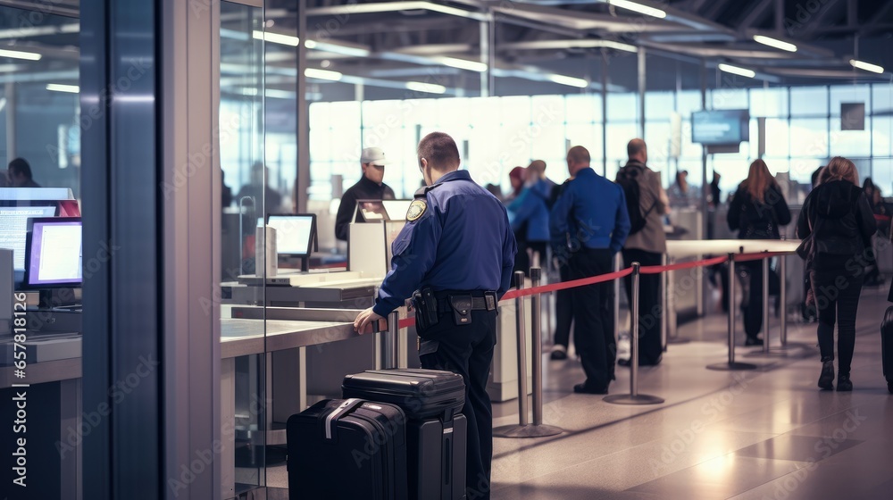 Airport security checkpoint with bright fluorescent lights and a harsh atmosphere. Security personnel inspect passengers' belongings. Neutral and desaturated colors 