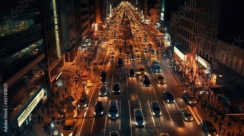 A bustling city street at night, filled with traffic, pedestrians, and street lamps. Warm and cool tones mix together, creating a lively and energetic urban atmosphere. The overhead angle captures th
