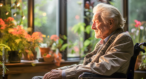 Lonely elderly man in wheelchair looking out the window. Loneliness in the elderly, Alzheimer's, depression and end of life.