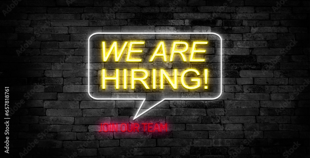 Fototapeta premium Vector realistic isolated neon sign of We Are Hiring logo for decoration and covering on the wall background. Concept of Join us idea and cv.